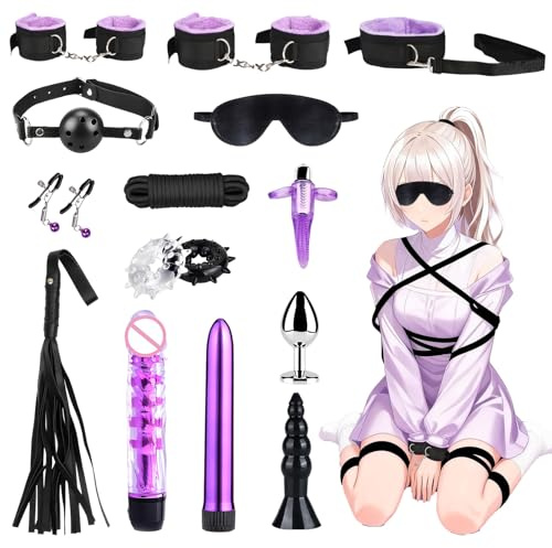 Oziral Set bondage nero e viola kit BDSM da 15 pezzi per coppie – Kit bondage per principianti accessorio per sesso estremo per donne e uomini