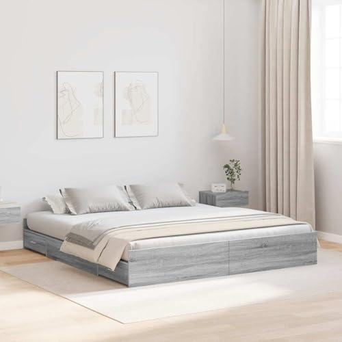 Fecpoo WGYHOME Estructura de cama de almacenamiento de 200 x 200 cm con 4 cajones, madera de aglomerado Sonoma gris/pino para dormitorio