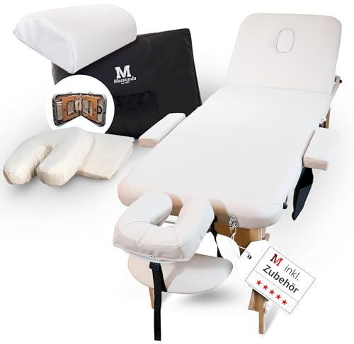 MASSUNDA® – Mobile 3 Zonen Massageliege klappbar & höhenverstellbar – Stabiler Massagetisch aus Vollholz – All-Inkl. Massagebank mit ergonomischer Kopfstütze, Bezug, Armablage, Kissen (Creme)