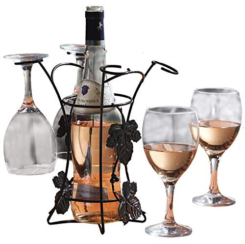 Burwells Bottle & Wine Glass Holder Black Metal Ornate Leaf Holds 4 Glasses Table Centrepiece Indoor Outdoor