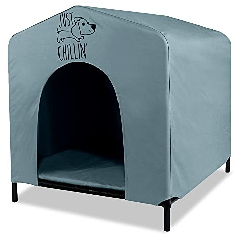 Floppy Dawg Just Chillin’ Portable Dog House. Elevated Pet Shelter for Indoor and Outdoor Use. Made of Water Resistant Breathable Oxford Fabric. Easy to Assemble and Lightweight. 33L x 29W x 32H