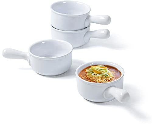 UNICASA Tazones de Consomé, Tazas de Sopa de 400 ml con Asa, Cuencos para Sopa de 4 Piezas para 4 Personas, Apto para Lavavajillas - Blanco