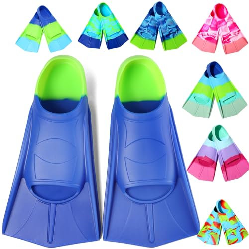 Fanwill Kids Swim Fins,Short Comfortable Flippers for Lap Swimming and Training for Children,Girls,Boys,Beginners ,Youth,Women(Blue&Acid Lime, XS)