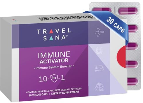 TRAVELSANA Immune Activator | 10-in-1 Immune Booster | Immune Support Supplement with Beta-Glucan, Vitamin C, A, D3, B6, B9, B12, Zinc, Selenium and Manganese | 30 Vegan Capsules