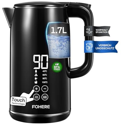 Wasserkocher mit Temperatureinstellung, 240 Min. Warmhaltefunktion, Komplette Edelstahlauskleidung, LED Kontrollanzeige, 1.7L Doppelwand Design, 2200W Schnelles Aufheizen, Trockenlaufschutz, Schwarz
