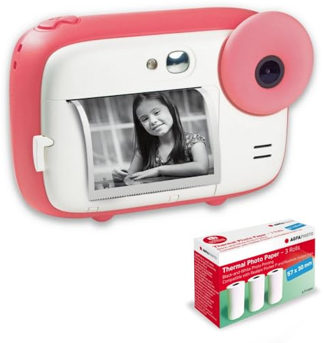 AGFA PHOTO Realikids Instant Cam Pack + 3 extra ATP3WH termiska pappersrullar - barn direktkamera, 2,4 tums LCD-skärm, litiumbatteri, selfie-spegel och fotofilter - rosa