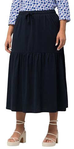 Ulla Popken Femme Grandes Tailles Jupe en Jersey texturé. Coupe évasée et Volant. Taille élastique Marine 50+ 829068130-50+