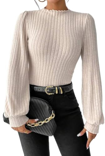 ticticlily Body Femme Sexy Chic Bodys en Tricot Côtes Combishort à Manches Longues Col Rond/V Moulante Bodysuit Haut Tops Justaucorps Tunique Tee-Shirt Couleur Unie B Abricot XL