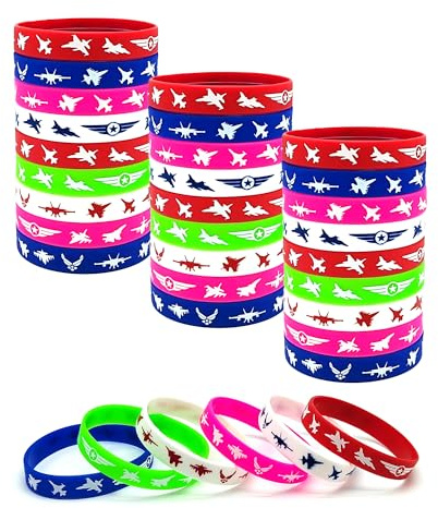 OriniPlay 36 braccialetti in gomma per feste di combattimento, aeroplani militari, aeroplani, pistole, feste, compleanni, feste, decorazioni, regali, bomboniere, braccialetti ispiratori in silicone
