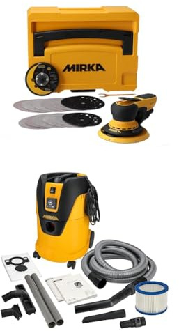 Mirka DEROS II 5650 Levigatrice eccentrica con aspirazione centrale con cassetta per abrasivi a strappo Ø 125 e 150mm / orbita 5.0mm + Mirka aspirapolvere industriale a umido e a secco 25 litri