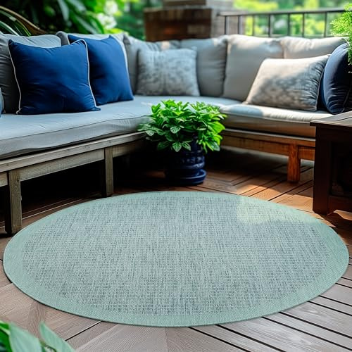 HomebyHome Outdoor-Teppich Flachgewebe Wetterfest Einfarbig Blau Küchenteppich, Balkon Terrassen Garten Wohnzimmer Teppich 120 cm Rund