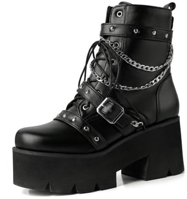 HXTYXCQ Femmes Gros Talons Hauts Cuir Punk Bottes Lacets Fermeture Éclair Latérale Plate-Forme Bottes avec Chaîne en Métal Bout Rond Boucle Bottines Gothiques,Noir,42 EU
