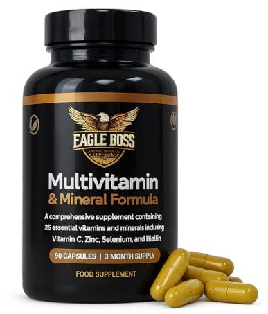 Eagle Boss™ Multivitamin & Mineral Capsules – 90 Vegan Capsules | 25 Nutrients incl. B-Complex, Zinc, Biotin, Selenium, Iron | UK-Made Daily Supplement for Men & Women – 3 Month Supply