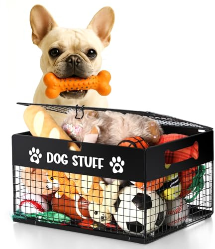 Qmetalart Dog Toy Box, Metal Dog Toy Storage Box with Lid, Chew-Resistant Dog Toy Basket, Durable Toys Bin for Small Dogs and Pet, Puppy Toy Holder Boxes for Living Room