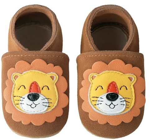 Aiseyi Krabbelschuhe Lauflernschuhe Baby Schuhe Non-Slip Lederpuschen Soft Babyschuhe Atmungsaktive Lederschuhe Babys Kleinkind mit Gummiband für Zuhause Kita Braun 12-18 Monate