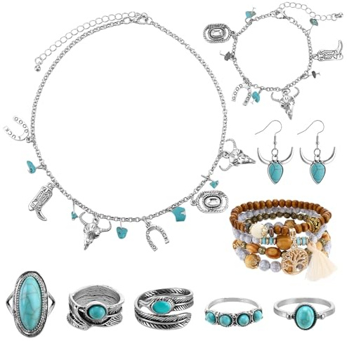 ViEinkaufen 13 Pcs Cowgirl Accessories for Women, Boho Turquoise Jewellery, Western Jewellery for Women with Turquoise Earrings, Necklace, Bracelet & Rings for Hippy Fancy Dress, Carnival, Halloween