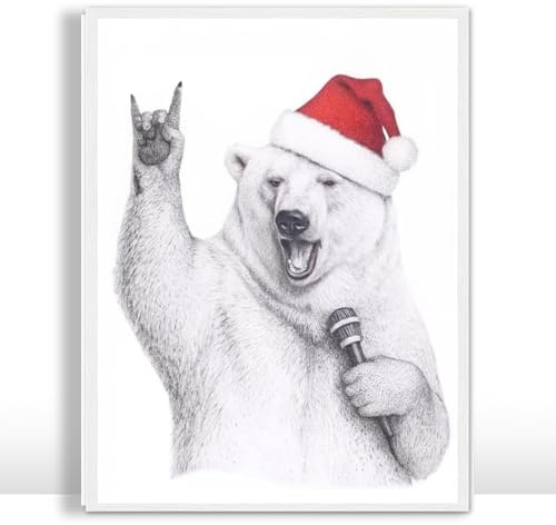 Moonow7 Funny Polar Bear Art Print - Black and White Christmas Sketch, Rock and Roll Bear for Holiday Wall Decor in Music Room, Man Cave, Office, Fun Music Lover Gift, Unframed Size 40x50cm / 16x20