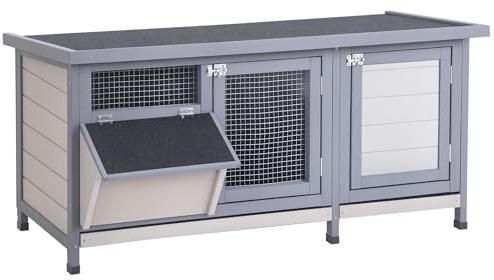 PawHut Conejera de Madera, Jaula para Conejos con Techo Asfáltico Abatible, Puertas con Pestillo, Bandejas Extraíbles y Comedero, Conejera para Exterior, 112x50x54 cm, Gris