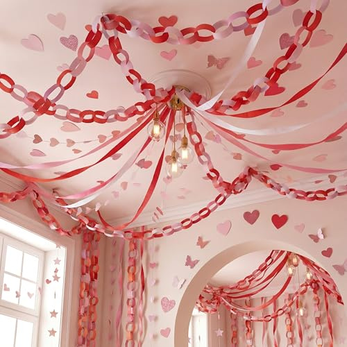 TaoBary Wedding Decorations Indoor Wedding Garland 328ft Red Pink Streamers 400 Sheet Paper Heart Garland Banner 65.5ft Heart Hanging for Pastel Party Birthday Decor(4,Red Pink)