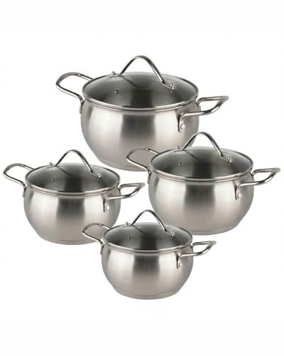 Bavary Bateria De Cocina 8 pzs - 18/10 Juego De Ollas Cocina, Ollas Acero Inoxidable - Cacerolas De Cocina Induccion - Cazo Cocina, Tapas Vidrio,capsulado,eco,apilable - Todo Fuego Ceran/gas