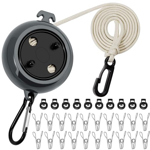 Cuerda Tendedero Extensible, 10M Tendedero Exterior Portátil, Cuerda Tender Camping, Retráctil Línea de Ropa con 10 Hebillas fijas y 20 Pinzas, para Aire Libre, Viaje Jardín Hoteles