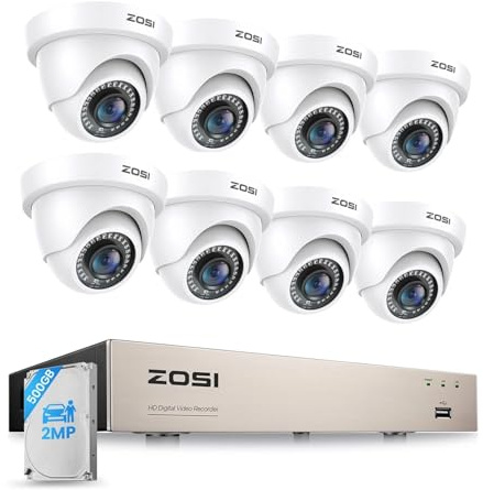 ZOSI 1080P 8CH Kit Caméra de Surveillance Filaire avec DVR 500GB et 8 Caméras de Sécurité Dôme Intérieur/Extérieur pour Maison/Garage, Détection de Personnes/Véhicules, Vision Nocturne IR 24m