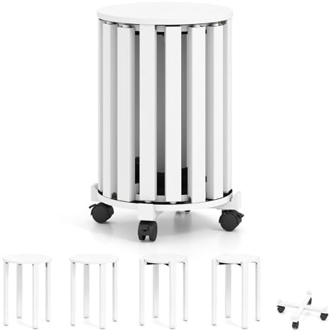 COSTWAY Juego de 4 Taburetes Apilables con Ruedas, 4 en 1 Taburetes Redondos y Mesa Auxiliar Móvil, Patas de Madera Caucho, Ahorra Espacio, sin Montaje, Sillas para Comedor, Cocina, Salón (Blanco)