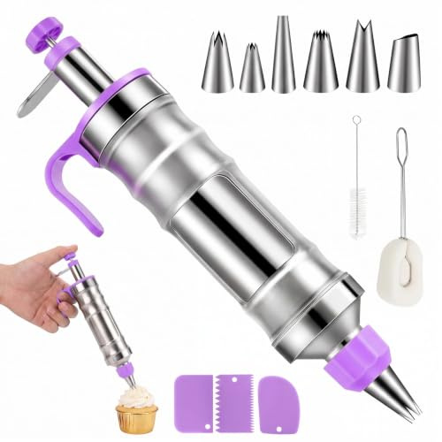 LUBEWISE - Set di siringhe per torte, in acciaio inox, siringa per panna con 6 beccucci da pasticceria, set per decorare torte, cupcake, torte, pasticceria (viola)