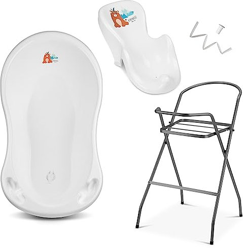 Baby Badewanne mit Gestell 4 Set TÜV Rheinland zertifiziert! Babybadewannen + Badewannensitz +Abfluss + Gestell - Babywanne mit Ständer! Pflegeset für Neugeborene.