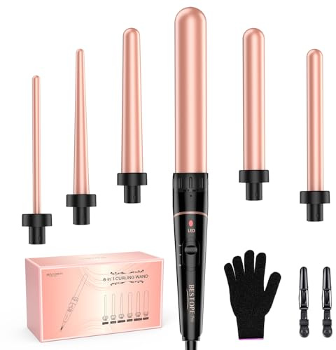 Long Barrel Curling Iron Wand Set, BESTOPE PRO 6 in 1 Curling Wand Set with Ceramic Barrel for Long/Medium Hair, 0.35-1.25 Interchangeable Hair Wand Curler, Dual Voltage, Include Glove & Clips