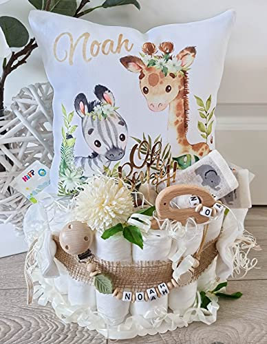 Windeltorte mit Name - Kuschelkissen Giraffe Zebra I Geschenk, Babyparty, Geburt oder Taufe + auf Wunsch, gratis Grußkärtchen