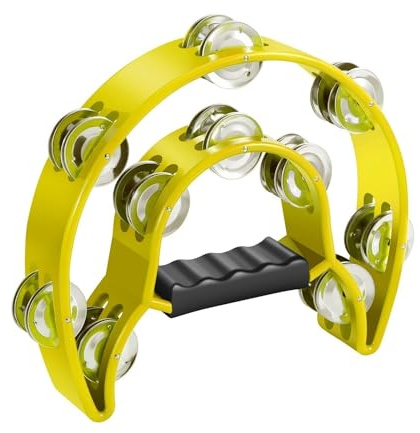 Flexzion Tambourine Metal Half Moon Musical Instruments Double Row Metal Jingles Hand Held Instruments Percussion with Ergonomic Handle Grip, Tambourines for Adults Church, Yellow