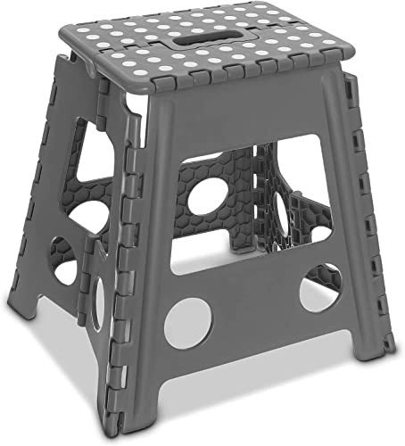 Folding Step Stool, 15 Inch Plastic Foldable Non-Slip Stepping Stool with Carrying Handle for Kitchen, Bathroom, Garden & Outdoor (Grey)