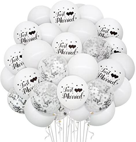 Bealif 30pcs Just Married Wedding Decoration Set, 12inch Just Married Balloons with Sliver Confetti Latex Balloons White Silver Decoration for Wedding, Bridal Shower, Engagement Party Supplies