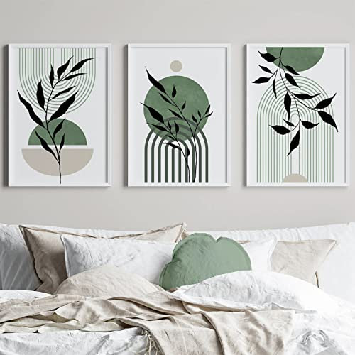 Set di 3 stampe artistiche da parete moderne di metà secolo su tela verde salvia, stampe bohémien, decorazione da parete astratta, colore nero, beige, quadro astratto, per soggiorno e camera da letto,