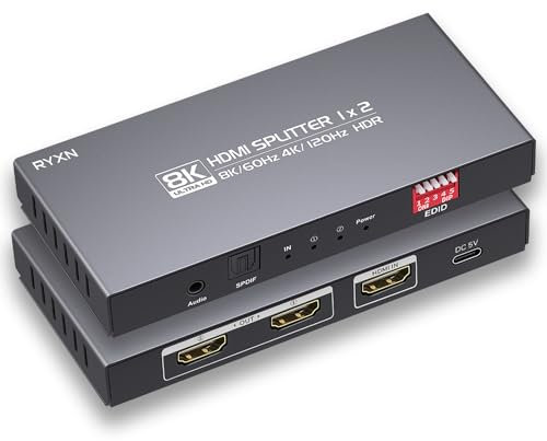 Divisor HDMI 8K 1 en 2 salidas 4K a 120Hz 8K a 60Hz HDMI 2.1, compatible con extractor de audio, HDCP 2.3, EDID, salida de audio HDMI, para PS5/PS4, Xbox, Fire Stick, reproductor Blu-ray, caja de