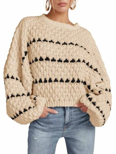 Saodimallsu Damen Pullover Oversize Herbst Strickpullover Elegant Winter Gestreifte Pulli Puffärmel Rundhal Jumper, Khaki, XL