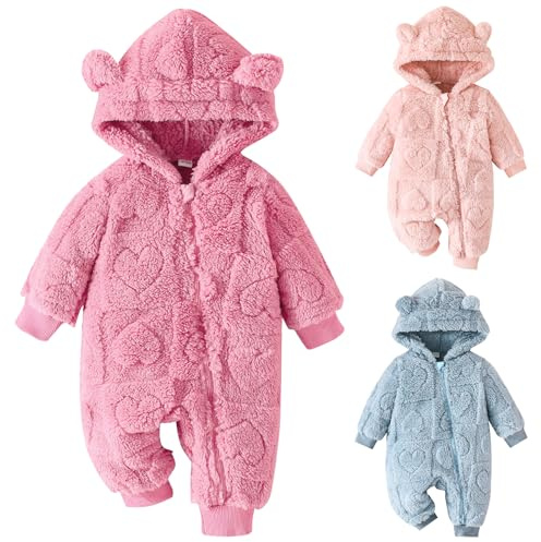 Winmany Newborn Baby Winter Snowsuit Bear Fleece Hooded Jumpsuit Heart Romper Winter Coat Outwear for Boys Girls (Rose Pink, 0-3M)