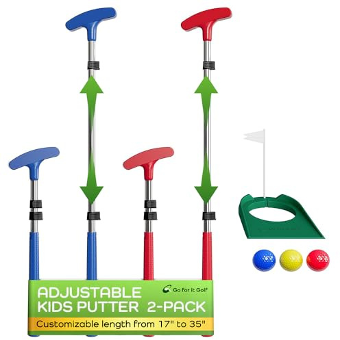 Go For It Golf Putter pour enfants, Manche extensible pour golfeurs juniors, Taille réglable pour main droite et gauche, parfait pour les enfants, 3 balles, tasse avec drapeau Bleu et rouge, 2 pièces