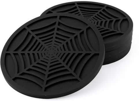 6pcs Spider Web Cup Coasters, 4in Plain Black Coasters for Drinks Spooky Spider Web Cork Placemats Goth Coasters Set Accessories for Halloween Party Kitchen Decor