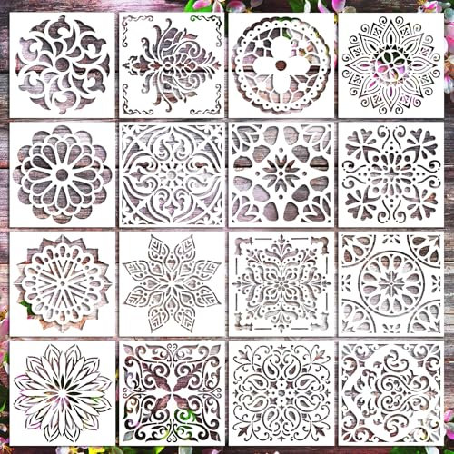 Ymapinc 16 Stück Mandala Schablonen Textilgestaltung Schablonen Set Wiederverwendbare Schablone Blumen Schablone Laserschnitt Malschablone für DIY Handwerk Scrapbooking Malen,15x15cm