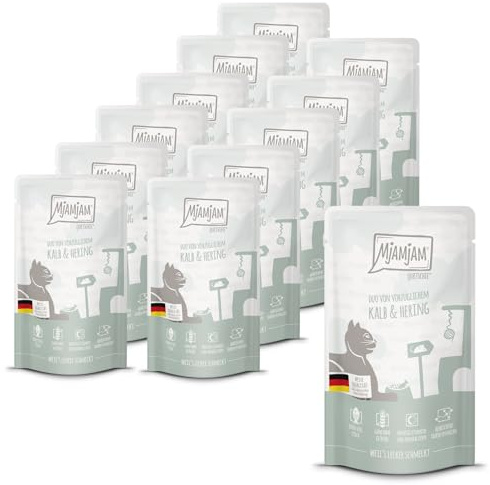 MjAMjAM - Premium Nassfutter für Katzen - Quetschie - DUO von vorzüglichem Kalb & Hering, 12er Pack (12x125g), getreidefrei