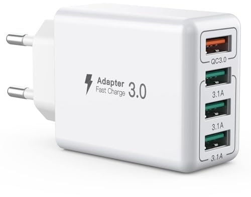 Cargador USB, Adaptador de Carga USB de 4 Puertos con Adaptador rápido Smart QC 3.0 de 33W, Cargador multipuerto Compatible con iPhone 12/13/14/15/16/Samsung Galaxy S22/23/S24
