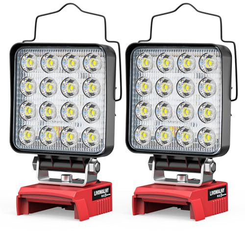 LIVOWALNY 2 Pezzi Lampada LED a Batteria Compatibile con Milwaukee 18V, 48W – Faro da Cantiere con Doppio Interruttore e Porte USB-C/USB, Ideale per Garage, Campeggio e Officina (senza batteria)