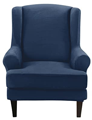 2 Pieces Velvet Wingback Chair Cover, Soft Stylish Sofa Cover Universal Washable Wingback Armchair Slipcover with Cushion Cover for Living Room-Navy Blue