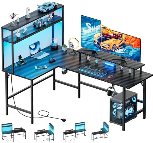HLONONE Gaming Tisch mit LED, 170 x 100 cm Eckschreibtisch mit 3 Steckdosen und 2 USB, Reversibel Gaming Schreibtisch L Form, Computertisch mit Monitorständer und Aufsatzregal, Kohlefaser Schwarz