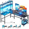 HLONONE Gaming Tisch mit LED, 170 x 100 cm Gaming Schreibtisch L Form mit 3 Steckdosen und 2 USB, Reversibel Eckschreibtisch, Computertisch mit Monitorständer und Aufsatzregal, Kohlefaser Schwarz