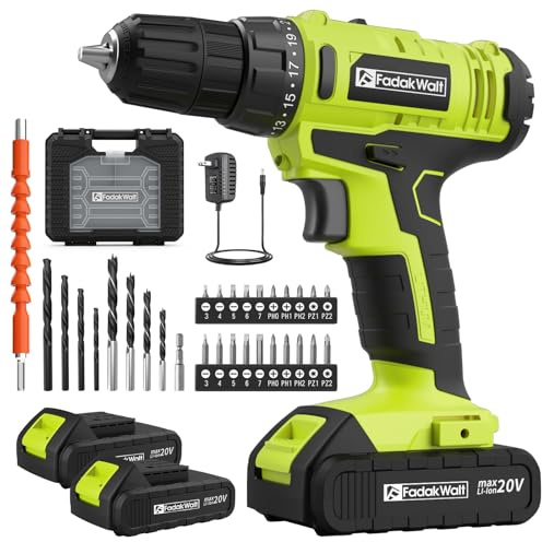 FADAKWALT 20V Cordless Drill, 2 Batteries Electric Screwdriver with case, 21+1 Torque, 2 Speed,30Nm Power Drill Driver, 3/8 Keyless Chuck, with LED Light, Drill Driver Kit for Home