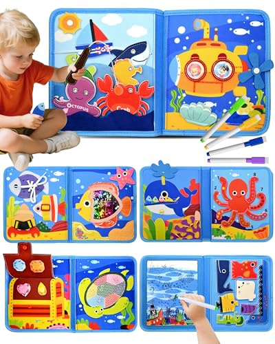 Meafeng Busy Board Libro Montessori Interattivo 1 Anno, Busy Book sensoriale educativo, Giochi Montessori 1 2 3 4 Anni, Pannello di Feltro attività, Valigetta Montessori Bambini (Oceano)