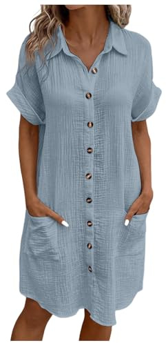 Vestidos Verano Mujer Manga Corta Cuello V Mini Vestido Mujer Algodón Rectos Sueltos Botones Vestido Camisero Casual Vestidos de Playa con Bolsillos